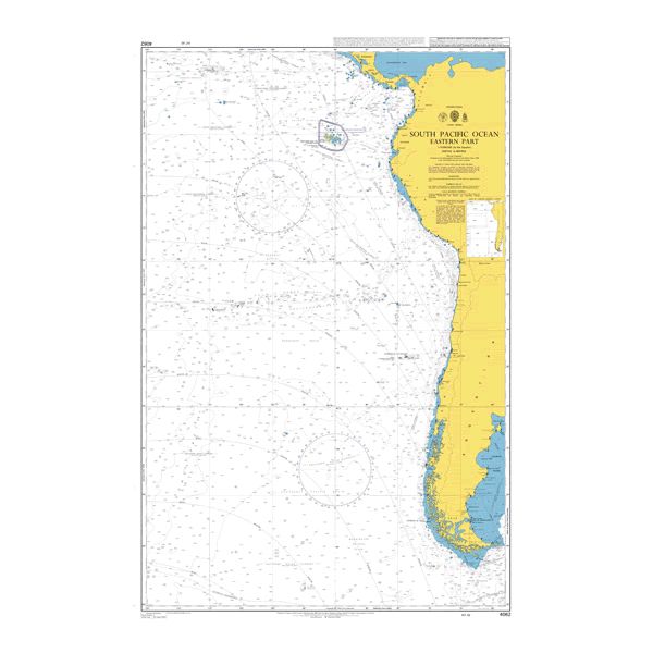 Product image of Admiralty Chart 4062 | South Pacific Ocean Eastern Part, featuring navigational markings, depth soundings, and coastal features, essential for safe marine navigation. It could be displayed as an art piece or used for navigation on a boat or ship.