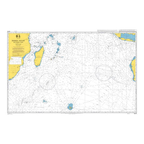 Product image of Admiralty Chart 4070 | Indian Ocean Southern Part, featuring navigational markings, depth soundings, and coastal features, essential for safe marine navigation. It could be displayed as an art piece or used for navigation on a boat or ship.