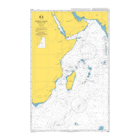Product image of Admiralty Chart 4072 | Indian Ocean Western Part, featuring navigational markings, depth soundings, and coastal features, essential for safe marine navigation. It could be displayed as an art piece or used for navigation on a boat or ship.