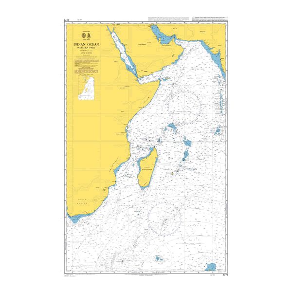 Product image of Admiralty Chart 4072 | Indian Ocean Western Part, featuring navigational markings, depth soundings, and coastal features, essential for safe marine navigation. It could be displayed as an art piece or used for navigation on a boat or ship.