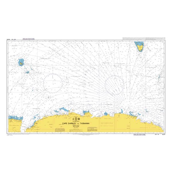 Product image of Admiralty Chart 4074 | Cape Darnley to Tasmania, featuring navigational markings, depth soundings, and coastal features, essential for safe marine navigation. It could be displayed as an art piece or used for navigation on a boat or ship.