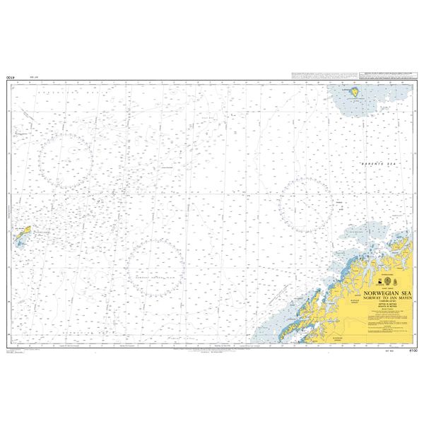 Product image of Admiralty Chart 4100 | Norwegian Sea Norway to Jan Mayen, featuring navigational markings, depth soundings, and coastal features, essential for safe marine navigation. It could be displayed as an art piece or used for navigation on a boat or ship.