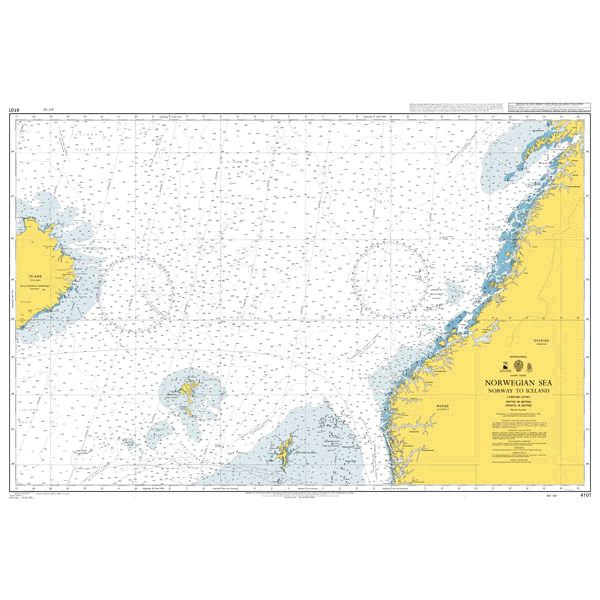 Product image of Admiralty Chart 4101 | Norwegian Sea Norway to Iceland, featuring navigational markings, depth soundings, and coastal features, essential for safe marine navigation. It could be displayed as an art piece or used for navigation on a boat or ship.