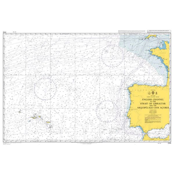 Product image of Admiralty Chart 4103 | English Channel to the Strait of Gibraltar and the Arquipelago dos Acores, featuring navigational markings, depth soundings, and coastal features, essential for safe marine navigation. It could be displayed as an art piece or used for navigation on a boat or ship.