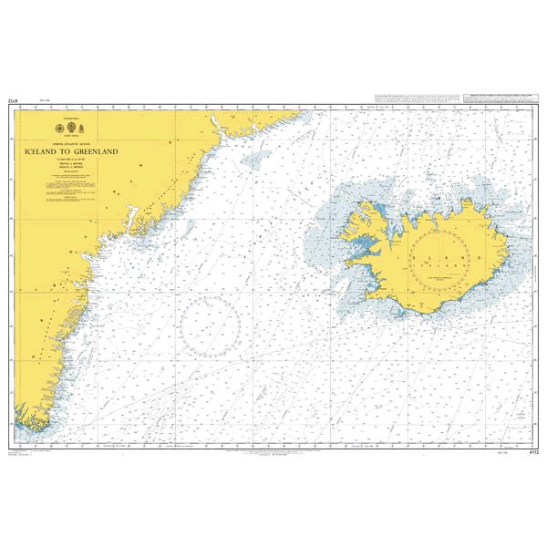 Product image of Admiralty Chart 4112 | Iceland to Greenland, featuring navigational markings, depth soundings, and coastal features, essential for safe marine navigation. It could be displayed as an art piece or used for navigation on a boat or ship.