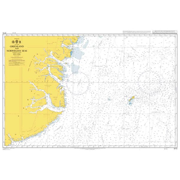 Product image of Admiralty Chart 4113 | Greenland and Norwegian Seas, featuring navigational markings, depth soundings, and coastal features, essential for safe marine navigation. It could be displayed as an art piece or used for navigation on a boat or ship.