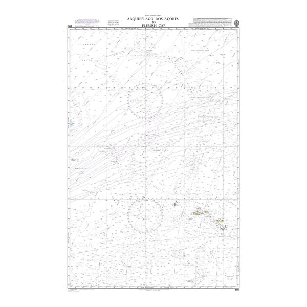 Product image of Admiralty Chart 4114 | Arquipelago dos Acores to Flemish Cap, featuring navigational markings, depth soundings, and coastal features, essential for safe marine navigation. It could be displayed as an art piece or used for navigation on a boat or ship.