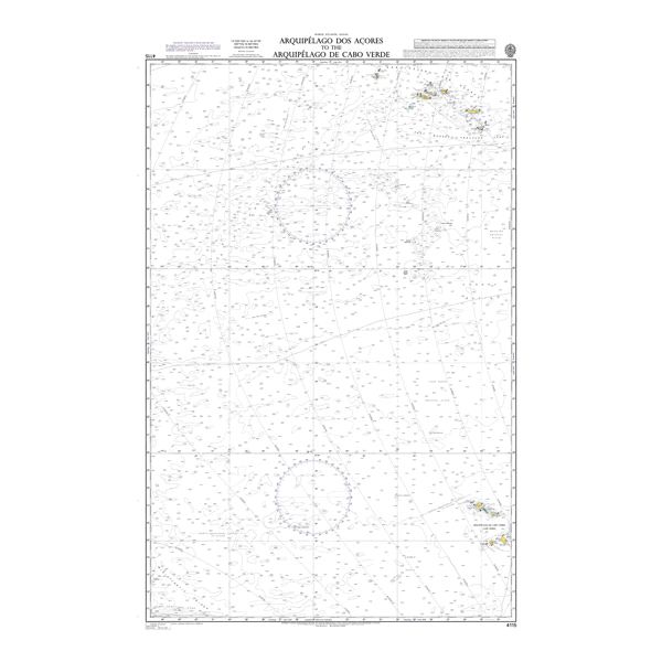 Product image of Admiralty Chart 4115 | Arquipelago dos Acores to the Arquipelago de Cabo Verde, featuring navigational markings, depth soundings, and coastal features, essential for safe marine navigation. It could be displayed as an art piece or used for navigation on a boat or ship.