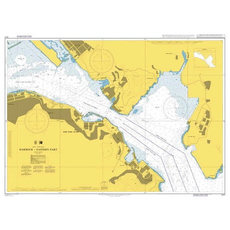 Product image of Admiralty Chart 4117 | Harbour - Eastern Part, featuring navigational markings, depth soundings, and coastal features, essential for safe marine navigation. It could be displayed as an art piece or used for navigation on a boat or ship.