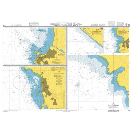 Product image of Admiralty Chart 4136 | Harbours on the West Coasts of Namibia and South Africa, featuring navigational markings, depth soundings, and coastal features, essential for safe marine navigation. It could be displayed as an art piece or used for navigation on a boat or ship.