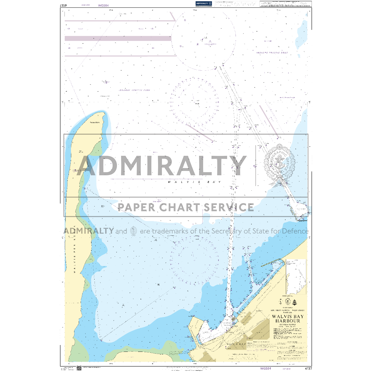 Product image of Admiralty Chart 4137 | Walvis Bay Harbour, featuring navigational markings, depth soundings, and coastal features, essential for safe marine navigation. It could be displayed as an art piece or used for navigation on a boat or ship.