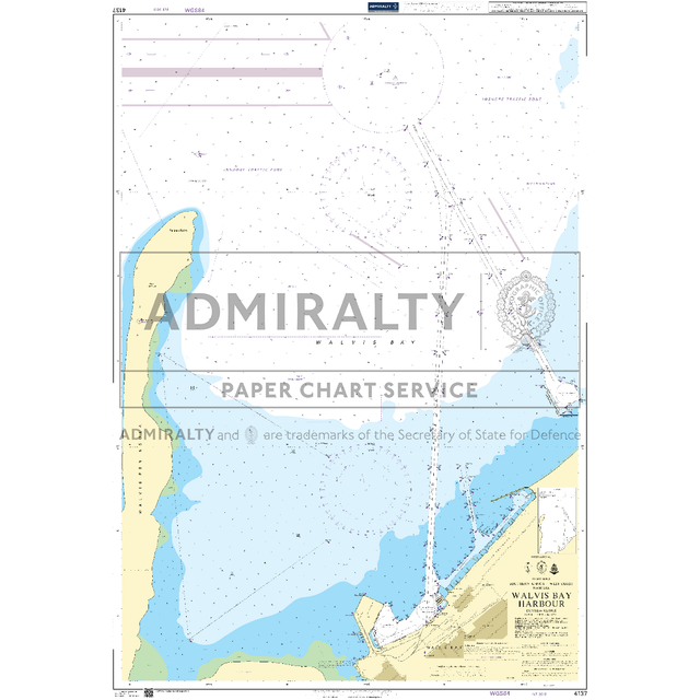 Product image of Admiralty Chart 4137 | Walvis Bay Harbour, featuring navigational markings, depth soundings, and coastal features, essential for safe marine navigation. It could be displayed as an art piece or used for navigation on a boat or ship.