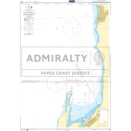 Product image of Admiralty Chart 4138 | Approaches to Walvis Bay, featuring navigational markings, depth soundings, and coastal features, essential for safe marine navigation. It could be displayed as an art piece or used for navigation on a boat or ship.