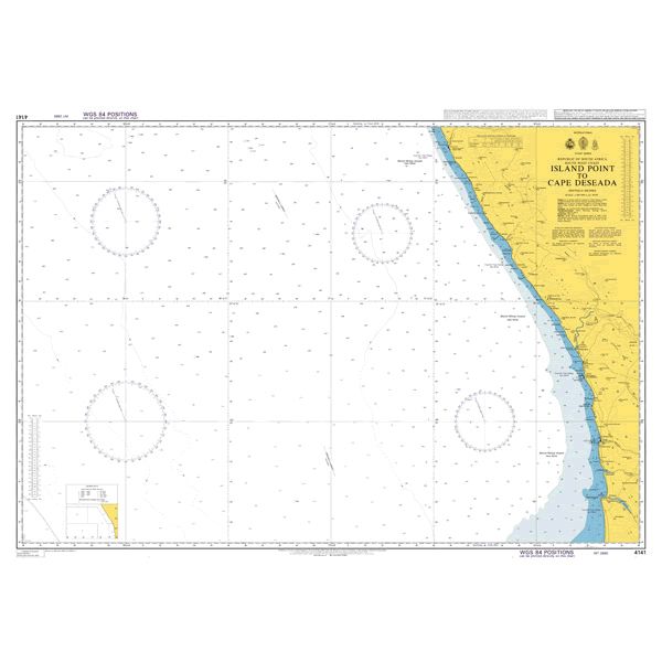 Product image of Admiralty Chart 4141 | Island Point to Cape Deseada, featuring navigational markings, depth soundings, and coastal features, essential for safe marine navigation. It could be displayed as an art piece or used for navigation on a boat or ship.