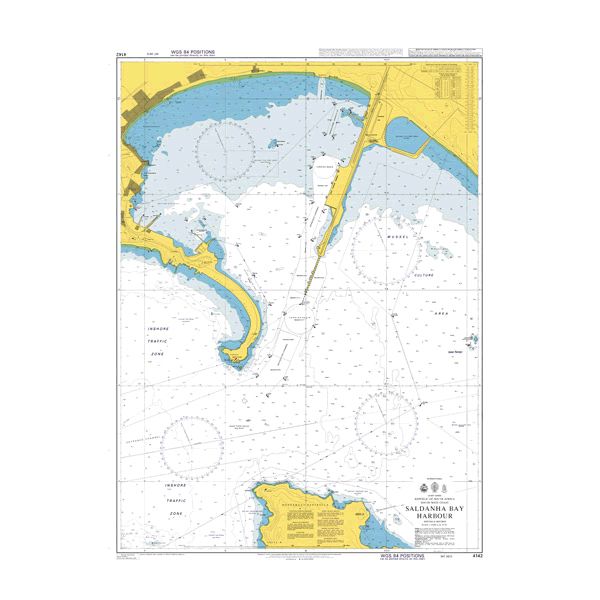 Product image of Admiralty Chart 4142 | Saldanha Bay Harbour, featuring navigational markings, depth soundings, and coastal features, essential for safe marine navigation. It could be displayed as an art piece or used for navigation on a boat or ship.