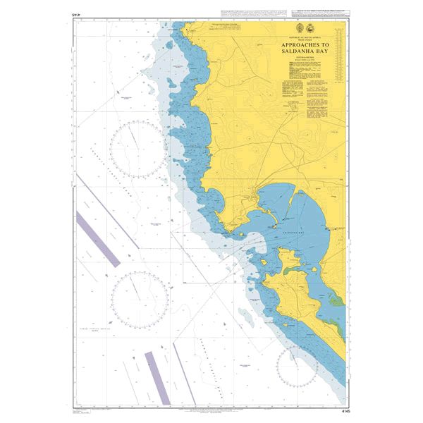 Product image of Admiralty Chart 4145 | Approaches to Saldanha Bay, featuring navigational markings, depth soundings, and coastal features, essential for safe marine navigation. It could be displayed as an art piece or used for navigation on a boat or ship.