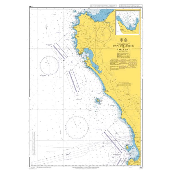 Product image of Admiralty Chart 4146 | Cape Columbine to Table Bay, featuring navigational markings, depth soundings, and coastal features, essential for safe marine navigation. It could be displayed as an art piece or used for navigation on a boat or ship.