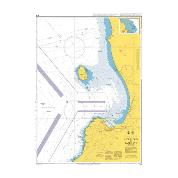 Product image of Admiralty Chart 4148 | Approaches to Table Bay, featuring navigational markings, depth soundings, and coastal features, essential for safe marine navigation. It could be displayed as an art piece or used for navigation on a boat or ship.