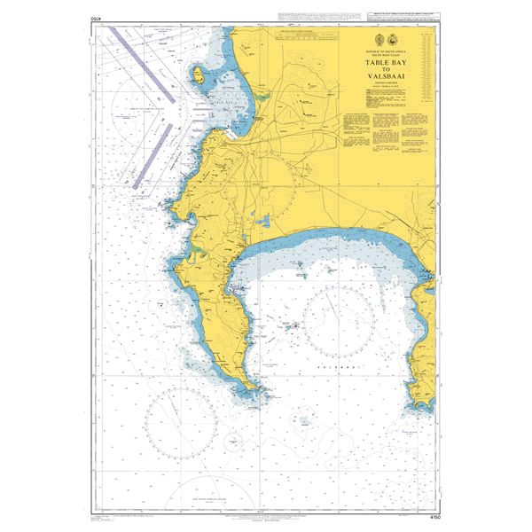 Product image of Admiralty Chart 4150 | Table Bay to Valsbaai, featuring navigational markings, depth soundings, and coastal features, essential for safe marine navigation. It could be displayed as an art piece or used for navigation on a boat or ship.