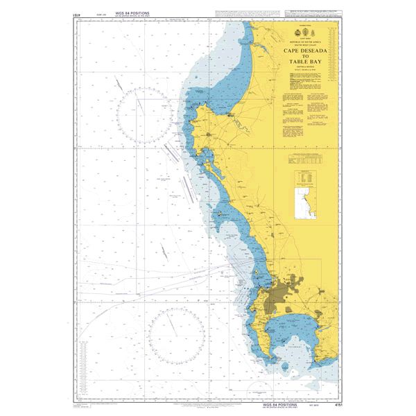 Product image of Admiralty Chart 4151 | Cape Deseada to Table Bay, featuring navigational markings, depth soundings, and coastal features, essential for safe marine navigation. It could be displayed as an art piece or used for navigation on a boat or ship.