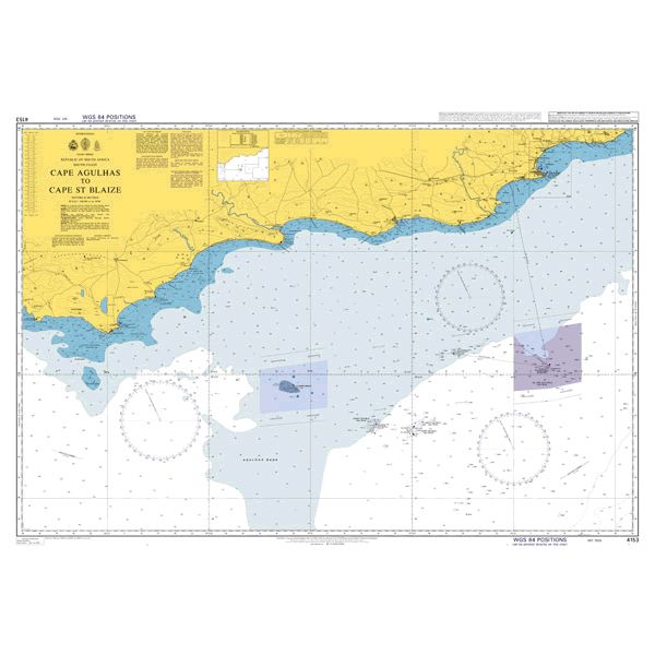 Product image of Admiralty Chart 4153 | Cape Agulhas to Cape St Blaize, featuring navigational markings, depth soundings, and coastal features, essential for safe marine navigation. It could be displayed as an art piece or used for navigation on a boat or ship.