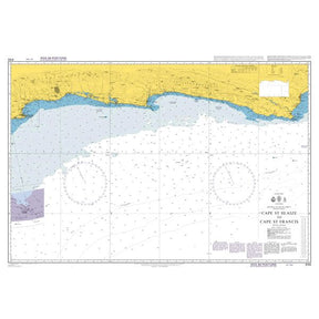 Product image of Admiralty Chart 4155 | Cape St Blaize to Cape St Francis, featuring navigational markings, depth soundings, and coastal features, essential for safe marine navigation. It could be displayed as an art piece or used for navigation on a boat or ship.