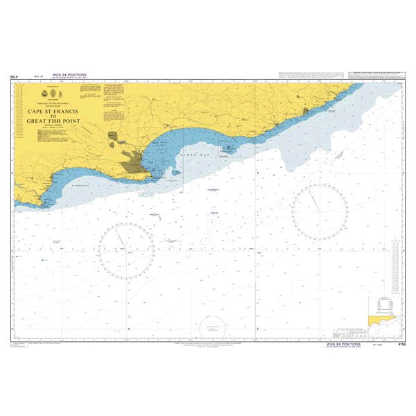 Product image of Admiralty Chart 4156 | Cape St Francis to Great Fish Point, featuring navigational markings, depth soundings, and coastal features, essential for safe marine navigation. It could be displayed as an art piece or used for navigation on a boat or ship.