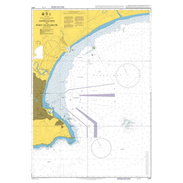 Product image of Admiralty Chart 4157 | Approaches to Port Elizabeth, featuring navigational markings, depth soundings, and coastal features, essential for safe marine navigation. It could be displayed as an art piece or used for navigation on a boat or ship.