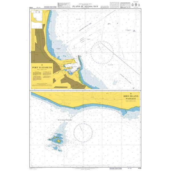 Product image of Admiralty Chart 4158 | Plans in Algoa Bay, featuring navigational markings, depth soundings, and coastal features, essential for safe marine navigation. It could be displayed as an art piece or used for navigation on a boat or ship.