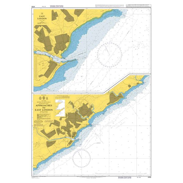 Product image of Admiralty Chart 4162 | Approaches to East London, featuring navigational markings, depth soundings, and coastal features, essential for safe marine navigation. It could be displayed as an art piece or used for navigation on a boat or ship.