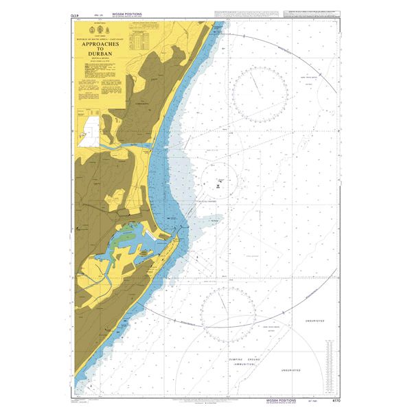 Product image of Admiralty Chart 4170 | Approaches to Durban, featuring navigational markings, depth soundings, and coastal features, essential for safe marine navigation. It could be displayed as an art piece or used for navigation on a boat or ship.