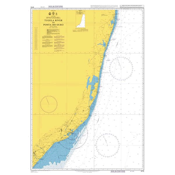 Product image of Admiralty Chart 4172 | Tugela River to Ponta do Ouro, featuring navigational markings, depth soundings, and coastal features, essential for safe marine navigation. It could be displayed as an art piece or used for navigation on a boat or ship.