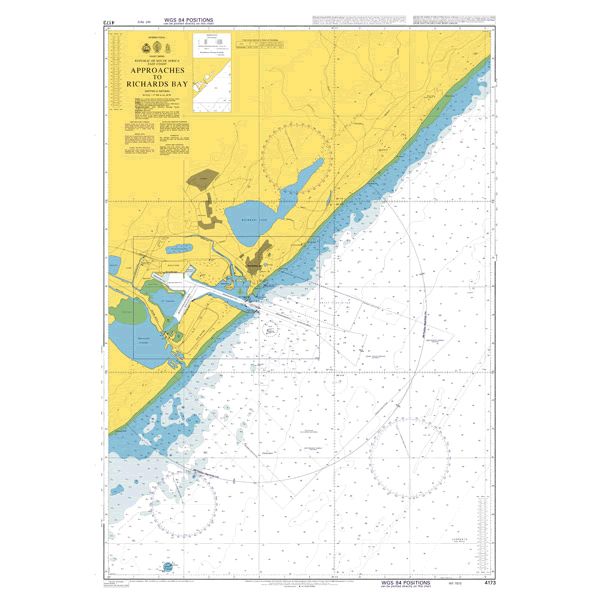 Product image of Admiralty Chart 4173 | Approaches to Richards Bay, featuring navigational markings, depth soundings, and coastal features, essential for safe marine navigation. It could be displayed as an art piece or used for navigation on a boat or ship.