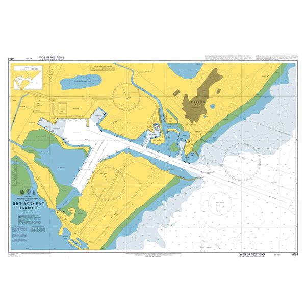 Product image of Admiralty Chart 4174 | Richards Bay Harbour, featuring navigational markings, depth soundings, and coastal features, essential for safe marine navigation. It could be displayed as an art piece or used for navigation on a boat or ship.