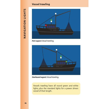 The "Reeds Lights, Shapes and Buoyage Handbook" illustrates vessel trawling lights: the port view showing a red and green light on top, and the starboard side with two green lights at the bottom. It includes instructional text on lighting requirements.