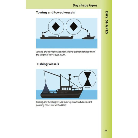 The Reeds Lights, Shapes and Buoyage Handbook illustrates maritime signals: the top image shows a towing vessel with diamond shapes, while the bottom depicts a fishing vessel with cones pointing up and down, both enhanced by navigation lights.