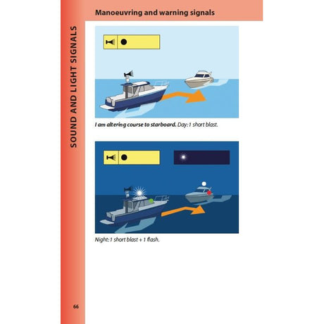 The Reeds Lights, Shapes and Buoyage Handbook includes illustrations: a day scene of a boat turning starboard with one short blast; and a nighttime scenario showing both a short blast and flash, following maritime law signals.