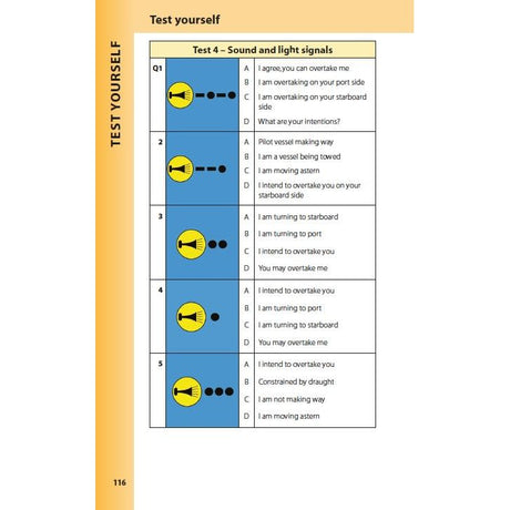 An image from the Reeds Lights, Shapes and Buoyage Handbook features a maritime test with five questions on sound and light signals. Each question shows a ship signal illustration with multiple-choice answers A to D, found on page 116.