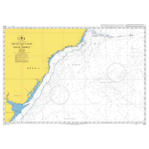 Product image of Admiralty Chart 4201 | South East Coast of South America, featuring navigational markings, depth soundings, and coastal features, essential for safe marine navigation. It could be displayed as an art piece or used for navigation on a boat or ship.