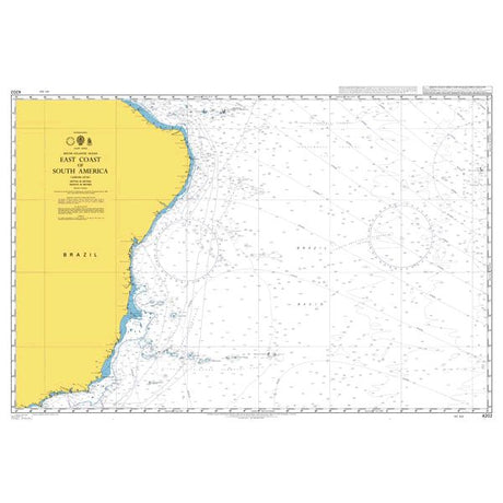 Product image of Admiralty Chart 4202 | East Coast of South America, featuring navigational markings, depth soundings, and coastal features, essential for safe marine navigation. It could be displayed as an art piece or used for navigation on a boat or ship.