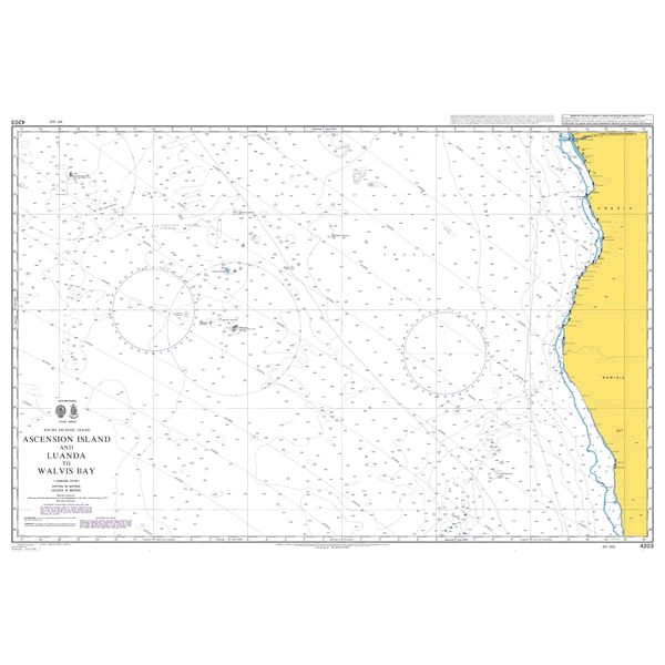 Product image of Admiralty Chart 4203 | Ascension Island and Luanda to Walvis Bay, featuring navigational markings, depth soundings, and coastal features, essential for safe marine navigation. It could be displayed as an art piece or used for navigation on a boat or ship.