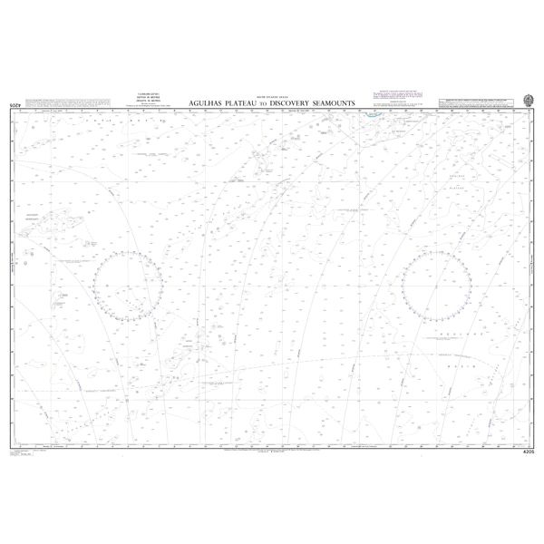 Product image of Admiralty Chart 4205 | Agulhas Plateau to Discovery Seamounts, featuring navigational markings, depth soundings, and coastal features, essential for safe marine navigation. It could be displayed as an art piece or used for navigation on a boat or ship.