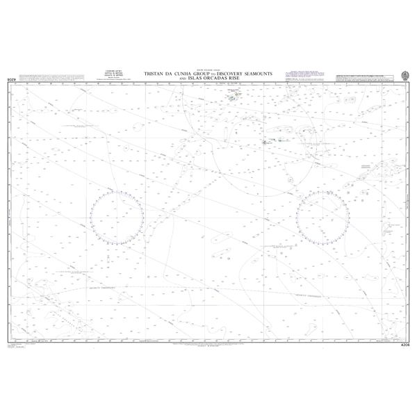 Product image of Admiralty Chart 4206 | Tristan da Cunha Group to Discovery Seamounts and Islas Orcadas Rise, featuring navigational markings, depth soundings, and coastal features, essential for safe marine navigation. It could be displayed as an art piece or used for navigation on a boat or ship.