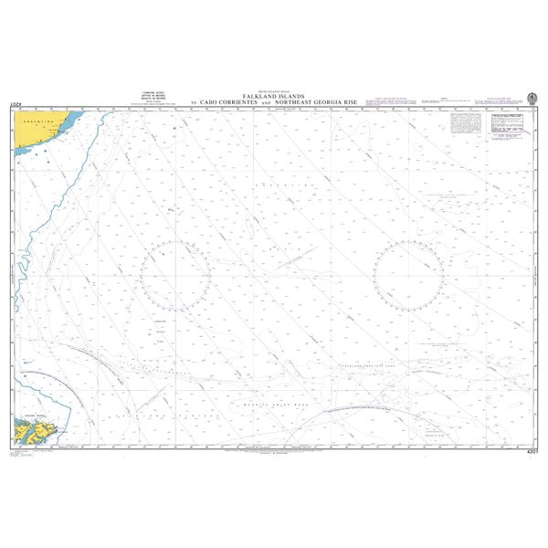 Product image of Admiralty Chart 4207 | Falkland Islands to Cabo Corrientes and Northeast Georgia Rise, featuring navigational markings, depth soundings, and coastal features, essential for safe marine navigation. It could be displayed as an art piece or used for navigation on a boat or ship.