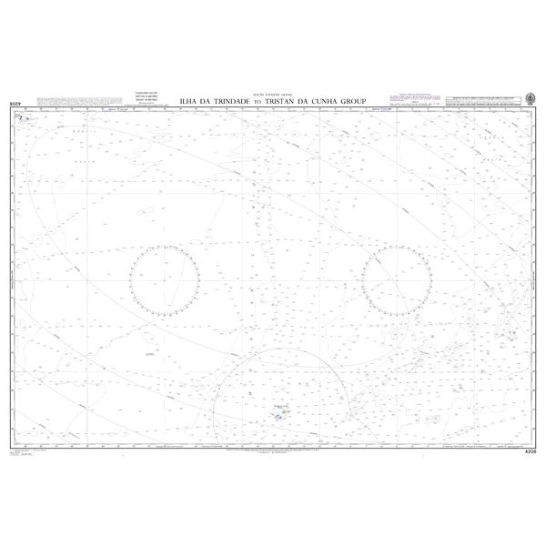 Product image of Admiralty Chart 4208 | Ilha da Trindade to Tristan da Cunha Group, featuring navigational markings, depth soundings, and coastal features, essential for safe marine navigation. It could be displayed as an art piece or used for navigation on a boat or ship.