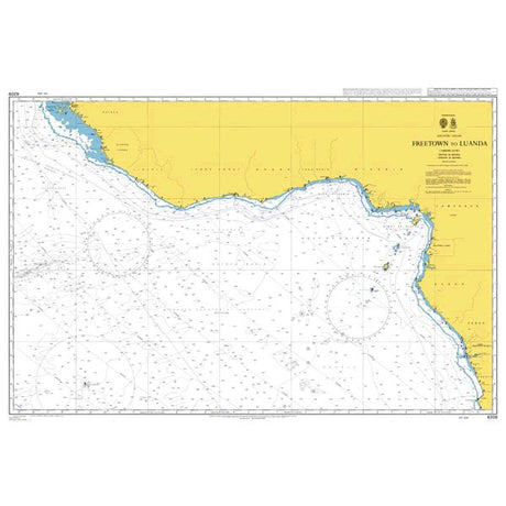 Product image of Admiralty Chart 4209 | Freetown to Luanda, featuring navigational markings, depth soundings, and coastal features, essential for safe marine navigation. It could be displayed as an art piece or used for navigation on a boat or ship.