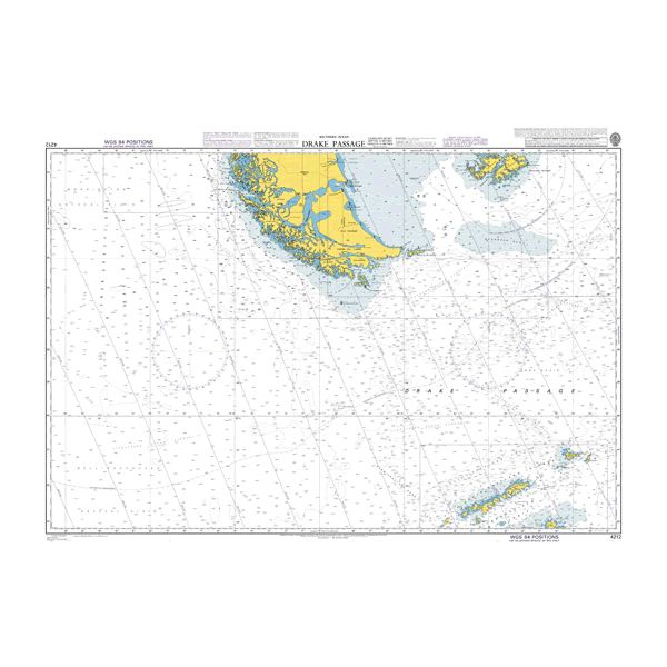 Product image of Admiralty Chart 4212 | Drake Passage, featuring navigational markings, depth soundings, and coastal features, essential for safe marine navigation. It could be displayed as an art piece or used for navigation on a boat or ship.