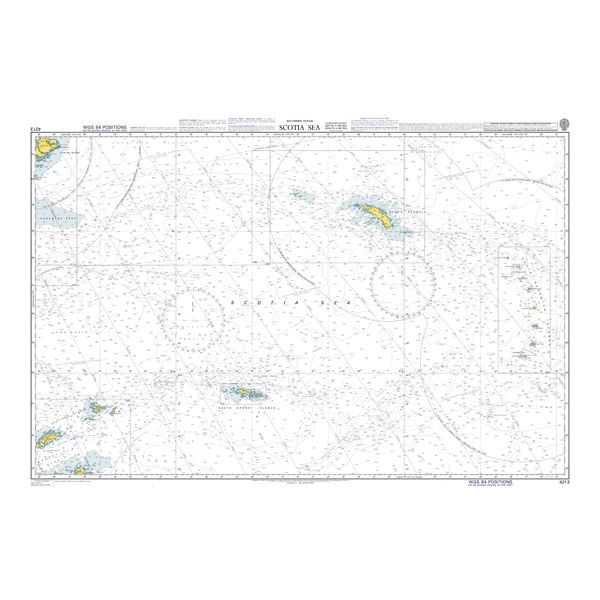 Product image of Admiralty Chart 4213 | Scotia Sea, featuring navigational markings, depth soundings, and coastal features, essential for safe marine navigation. It could be displayed as an art piece or used for navigation on a boat or ship.