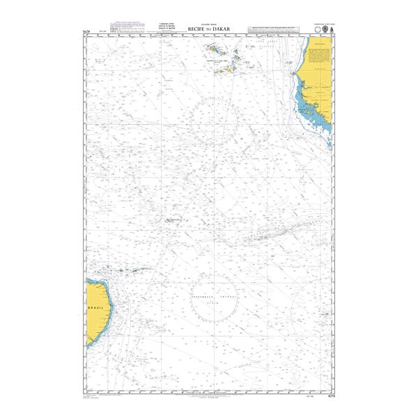 Product image of Admiralty Chart 4215 | Recife to Dakar, featuring navigational markings, depth soundings, and coastal features, essential for safe marine navigation. It could be displayed as an art piece or used for navigation on a boat or ship.