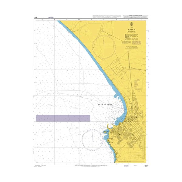 Product image of Admiralty Chart 4217 | Arica, featuring navigational markings, depth soundings, and coastal features, essential for safe marine navigation. It could be displayed as an art piece or used for navigation on a boat or ship.